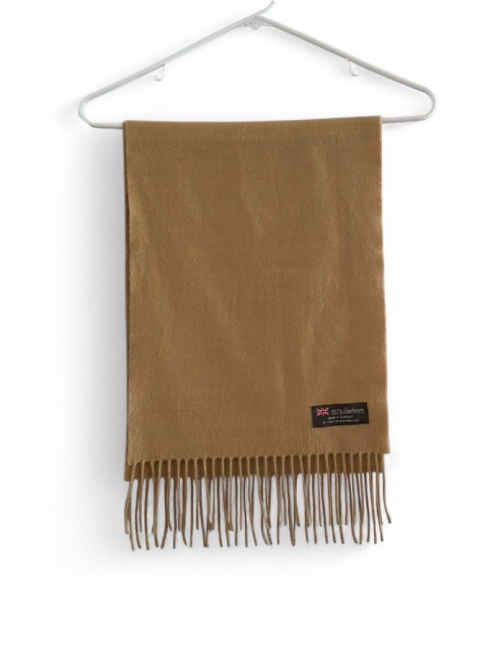 100% Cashmere Tan Scarf with Fringe Made in Scotland Very Soft Good Condition